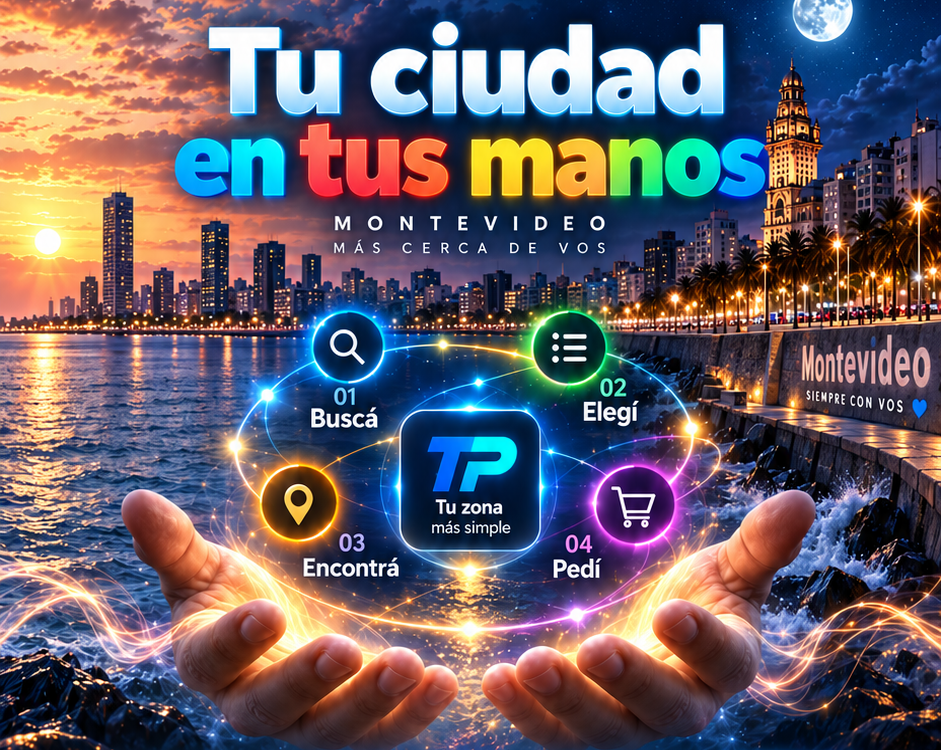 Montevideo de día y de noche con dos manos sosteniendo la órbita Buscá, Elegí, Encontrá y Pedí